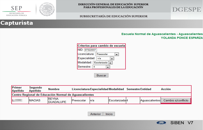 Paso 3: En los criterios para el Cambio de Escuela se debe capturar el NID del Alumno, Licenciatura, Especialidad, Modalidad y Semestre,
                                              dar clic en el botón Buscar y desplegara la información del Alumno si es que existe.
                                              <p><b>Para evitar generar un Cambio de Escuela con Conflicto</b>, los datos capturados (Licenciatura, Especialidad, Modalidad y Semestre)								                                              deben conincidir con los de la nueva Escuela, de lo contrario no podra Inscribir al Alumno en la nueva escuela.</p>
                                               <p>Localizado el Alumno dar clic en el botón <b>Cambio s/conflicto</b></p> 
                                               <p><b>Este es un ejemplo de un Cambio Sin Conflicto</b></p>
                                              