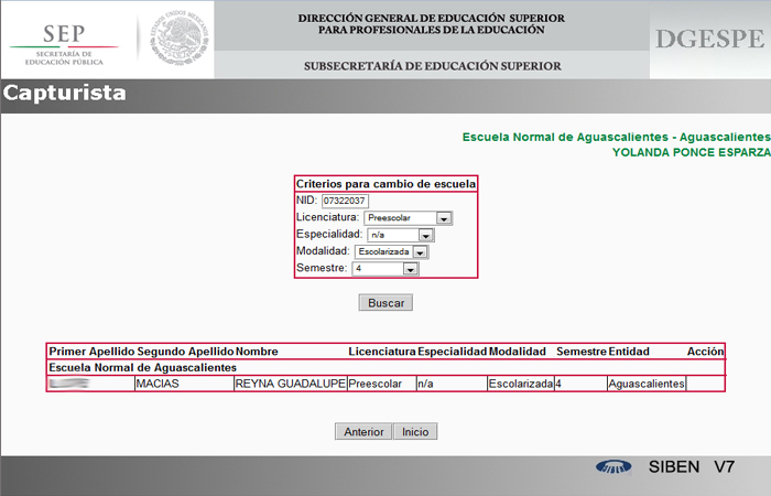 Paso 4: Realizado el Cambio de Escuela el registro del Alumno quedara como se muestra en esta imagen