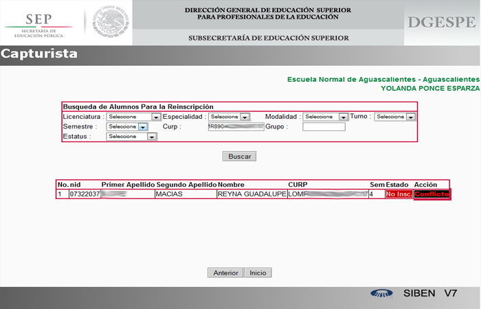  <b>Nota:</b> De esta manera aparece el Alumno de un Cambio Con Conflicto, <b>No podra ser Inscrito</b> como se muestra en la imagen y                           sera necesario dar aviso a su <b>Enlace Estatal para que solucione el Conflicto y posteriormente pueda Inscribirse en la nueva escuela</b>.
                          
                          <p><b>Nota 2:</b> Basta con que un solo criterio  de Cambio no coincida para que se produzca el Conflicto.</p>
                          