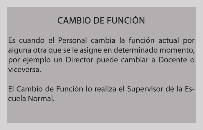 <b>CAMBIO DE FUNCIÓN DEL PERSONAL</b>
                                              </p> <b>Nota:</b> El Cambio de Función de Personal de la Escuela lo realiza el <b>Supervisor</b> de la Escuela Normal.</b></p>
                                              