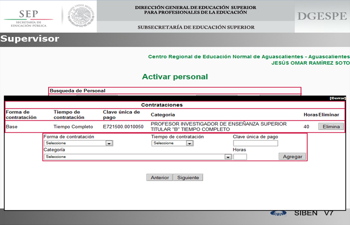 Paso 5: Capturar las Contrataciones con las que cuente el Personal (en este caso el Docente Frente a Grupo).