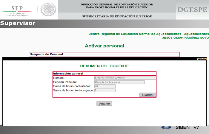 Paso 7: Capturados todos los datos del Personal (en este caso el Docente Frente a Grupo) dar clic en el botón Guardar