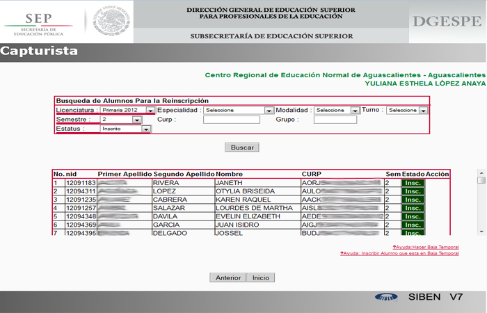 Ejemplo 3: En este ejemplo se utilizan los filtros de Licenciatura, Semestre y Status para realizar la búsqueda de un grupo en 						                                               especifico.
                                               <p>Esta consulta dara como resultado a los Alumnos de la Licenciatura en Educación Primaria 2012 de 2° Semestre con Status       	                                               de Inscrito como se muestra en la imagen</p>
                                               <p>Si requiere ser mas especifico puede utilizar los filtros necesarios para su consulta.</p>
                                               
                                               