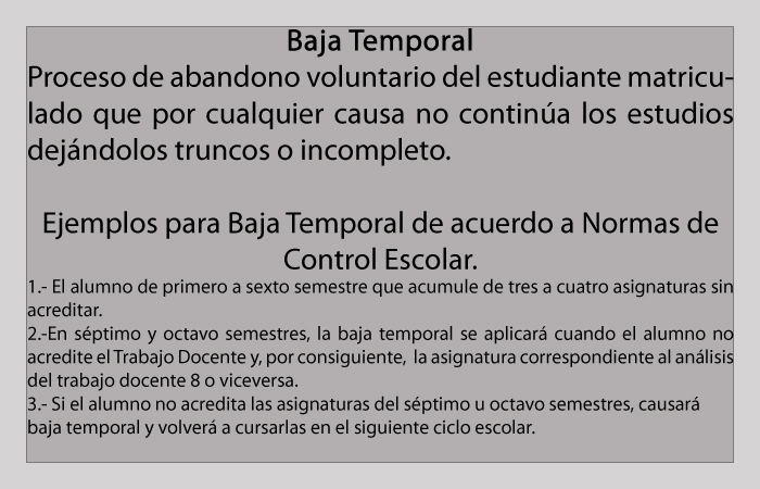 <b>BAJA TEMPORAL</b>
                                              </p> Nota: Bajas Temporales de 1° a 7° Semestre y 1° a 11° Semestre las realiza el Capturista,<b> Alumnos de 8° y 12° Semestre</b> las  		                                               realiza el <b>Enlace Estatal.</b></p>
                                              