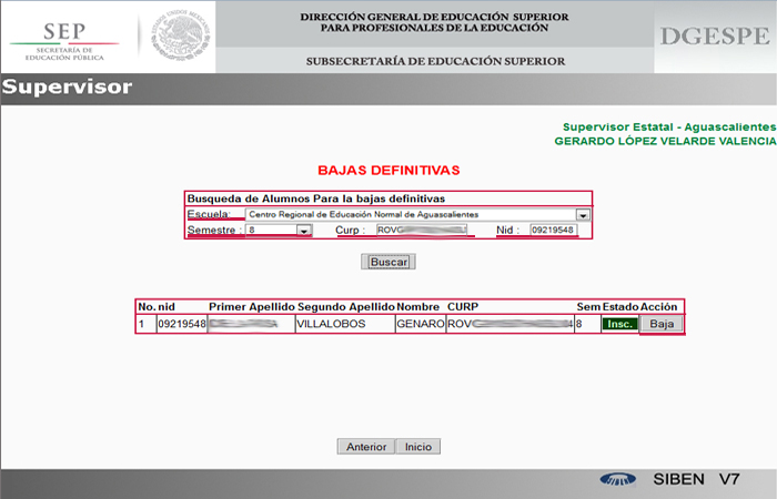 Paso 4:  En la búsqueda, seleccionar escuela, semestre, capturar la CURP y NID, posteriormente dar clic en el botón                                               Buscar y desplegara los datos del Alumno.