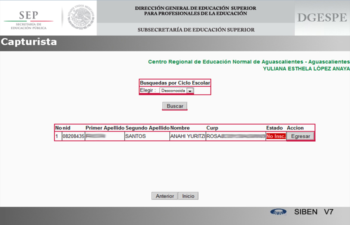 Paso 3: En la sección de Búsqueda Por Ciclo Escolar elegir la opción <b>Desconocida</b> y dar clic en el botón Buscar 
                                              para que muestre todos los alumnos que no se han Egresado.
                                              </p>Desplegara una lista donde se debe buscar al Alumno a Egresar y dar clic en el botón Egresar.</p>