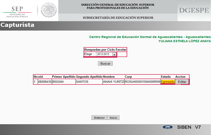 Paso 5: Egresado el Alumno se puede observar su estado como Egresado, como se muestra en la imagen.